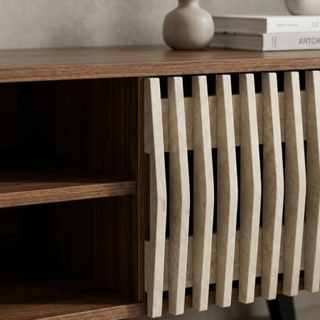 طاولة تلفزيون مودرن خشبية بنقشة ريفية مميزة – بني وبيج – متوفرة بمقاسين