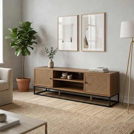 طاولة تلفزيون خشبية عصرية مع أبواب راتان وإطار معدني