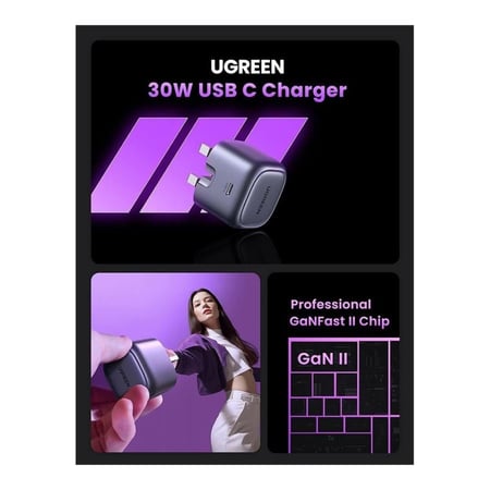 شاحن جداري يوجرين نيكسود بتقنية GaN بمنفذ USB-C PD وبقوة 30 واط - رمادي