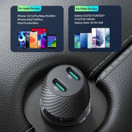 شاحن سيارة راف باور بايونير 50 واط بمنفذين USB-C - اسود