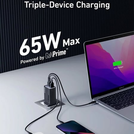 شاحن جداري انكر بتقنية جان برايم بقوة 65 واط و 3 منافذ - أسود