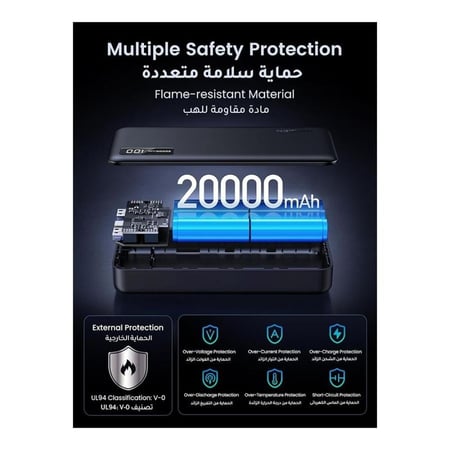 شاحن متنقل يوجرين بمنفذ USB-C ومنفذين USB بقوة 22.5 واط وبسعة 20000 مللي أمبير - أسود