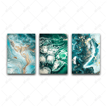 لوحات فن تجريدي لمياه البحر والحجار باللون الفيروزي مخلوطة بالذهب