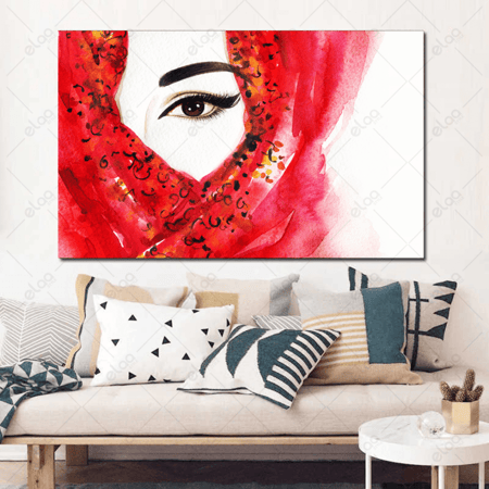 لوحة فن تجريدي لامراة ملثمة بشال احمر وخلفية بيضاء
