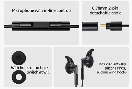 FiiO FF1 14.2mm Dynamic Driver Open Earbuds HIFI Music Wired Earphone Bass 0.78mm Detachable Cable with Mic In-Line-Controls