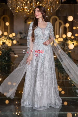 فستان سهرة نسائي فضي على رصاصي مطرز أنيق كم بشكل شال