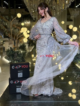 فستان سهرة شامبين مطرّز برقبة V وأكمام شفافة منفوشة مع درابيه جانبي.