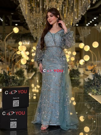 فستان سهرة تيفاني ثلجي مطرّز برقبة V وأكمام شفافة منفوشة مع درابيه جانبي.