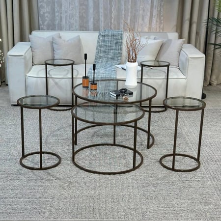 طقم طاولات ضيافة لون بني زجاج شفاف مع 4 خدمة