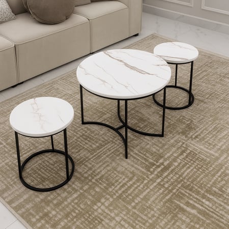 طقم طاولة ضيافة حديد أسود سطح خشب أبيض شكل رخامي مع 2 طاولات خدمة - بتصميم أنيق وفاخر