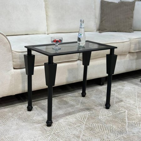 طقم طاولات ضيافة أسود سطح زجاج أسود شفاف مع 4 طاولات خدمة