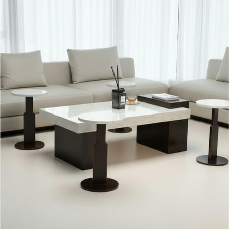 طقم طاولات ضيافة بديل الرخام مع قواعد خشب بني غامق – أناقة تلتقي بالعملية kf