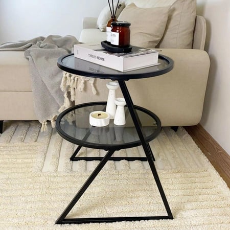 طاولة جانبية دورين حديد أسود سطح زجاج أسود شفاف - بتصميم هندسي أنيق(TL)