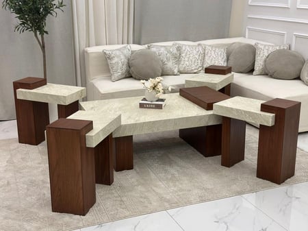 طقم طاولة ضيافة بني مع  سطح بديل الرخام  وسطح العلوي زجاج5قطع kf