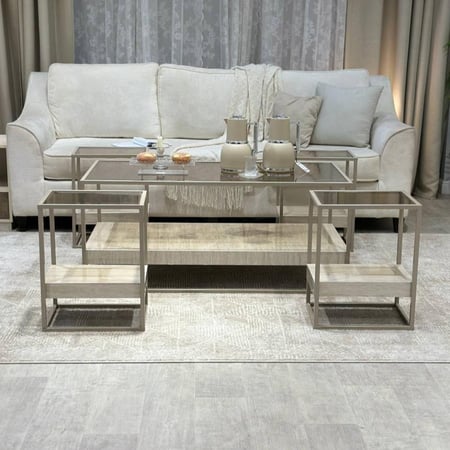 طقم طاولات ضيافة دورين بديل رخام قاعدة شمباني سطح زجاج بني شفاف - بتصميم أنيق وفاخر