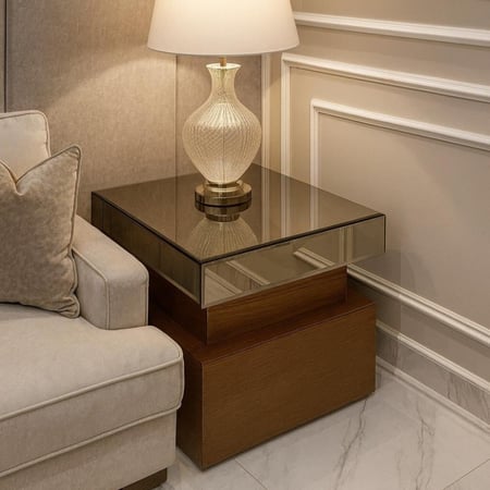 طاولة جانبية خشب بني سنديان بسطح زجاج مراياBA