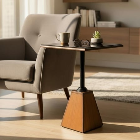 طاولة خدمة خشب بني عمود أسود سطح زجاج مراية kf