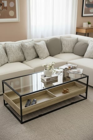 طاولة ضيافة مودرن خشب سطح زجاج شفاف