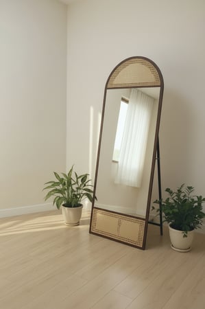 مرايا مودرن حديث بـ لون بني خشبي مع تفاصيل راتان قش