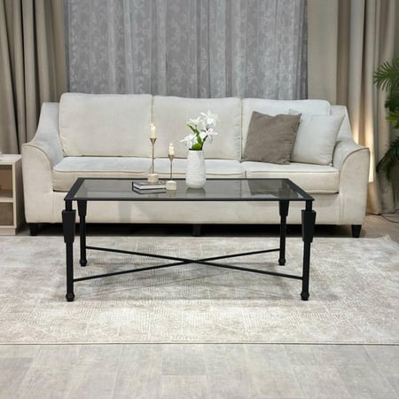 طقم طاولات ضيافة أسود سطح زجاج أسود شفاف مع 4 طاولات خدمة