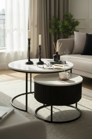 طقم طاولتين ضيافة متداخلة لون اسود سطح خشب شكل رخامي   jm