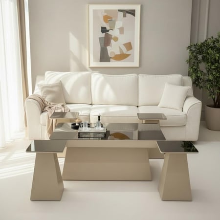 طقم طاولة ضيافة كنب خشب شمباني سطح زجاج مرايا مع 4 طاولات خدمة kf