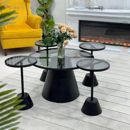 طقم طاولات ضيافة صاج أسود سطح زجاج شفاف مع 4 خدمة