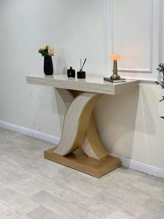 كونسول مدخل بديل الرخام بقاعدة خشبية فاخرة-تصميم هندسي عصري وفاخر