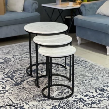 طقم طاولة خدمة 3 قطع اسود بسطح ابيض على شكل خشب رخامي