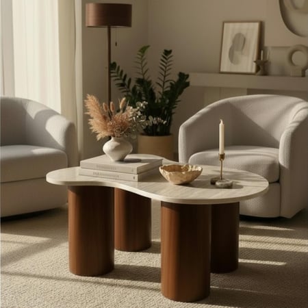 طاولة ضيافة قاعدة خشب بني سطح بديل رخام kf