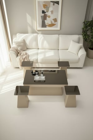 طقم طاولة ضيافة كنب خشب شمباني سطح زجاج مرايا مع 4 طاولات خدمة kf