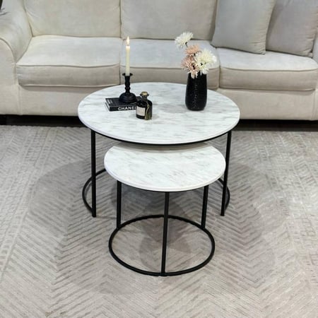 طقم طاولتين متداخلة خشب أبيض حديد أسود مع 4 خدمة -صنف مخفض jm