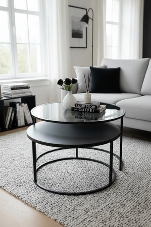 طقم طاولتين متداخلة زجاج وخشب سنديان لون أسود -tl