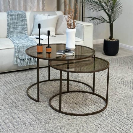 طقم طاولات ضيافة لون بني زجاج بني مع 4 خدمة