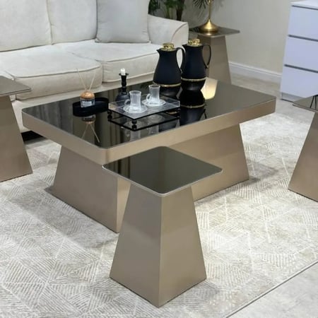 طقم طاولة ضيافة كنب خشب شمباني سطح زجاج مرايا مع 4 طاولات خدمة kf