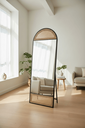 مرايا مودرن حديث بـ لون اسود خشبي مع تفاصيل راتان قش