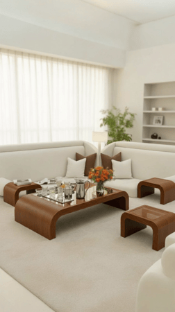 طقم طاولات ضيافة ارضي خشب بني سطح زجاج بني  مع 4 طاولات خدمة - بتصميم فاخر kf