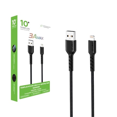 سلك شاحن نايلون USB-A الي Lightning من تن بلس