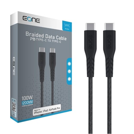 سلك نايلون للشحن ونقل البيانات بموصلات A-USB الي C-Type بقوة 100 واط  من EONE