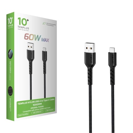 سلك شاحن نايلون USB-A الي Type-C من تن بلس