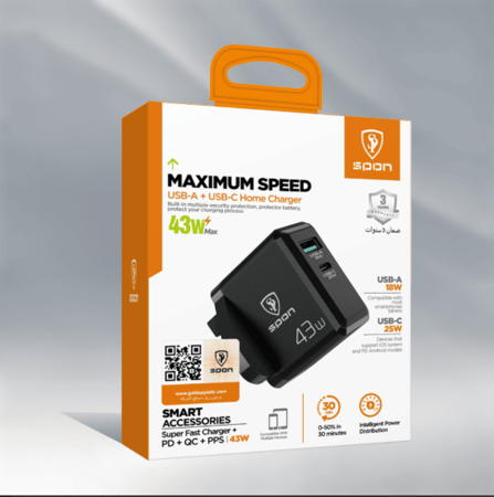 راس شاحن جداري USB+PD بقوة 43 واط من SPON