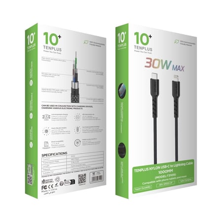 سلك شاحن نايلون USB-C إلى Lightning  من تن بلس