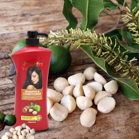 لينا روز شامبو وبلسم للشعر بخلاصة المكاديميا وفيتامين اي - 1000 مل