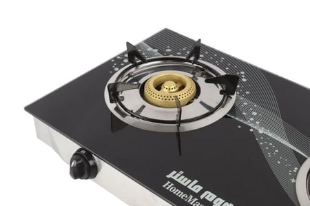 موقد غاز 2 شعلة مع سطح زجاجي مقابض مريحة لسهولة التشغيل تصميم بسيط وتقليدي مع شعلات موقد عالية الكفاءة مصنوعة من النحاس عالي الجودة أسود