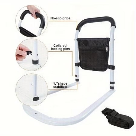 حواجز سرير للكبار - مساعدة أمان لكبار السن - مقبض تثبيت مع جيب تخزين - مثبت مع حزام تثبيت