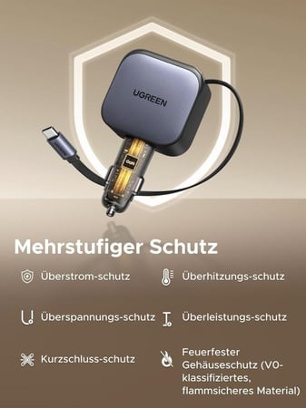 UGREEN – شاحن سيارة سريع مع كيبل مدمج قابل للسحب (60W)