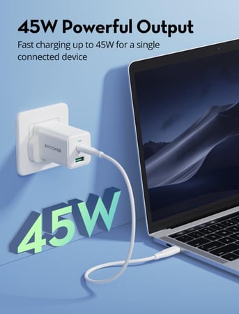 شاحن جداري راف باور بايونير 45 واط بمنفذ USB-C ومنفذ USB-A -متعدد اللون