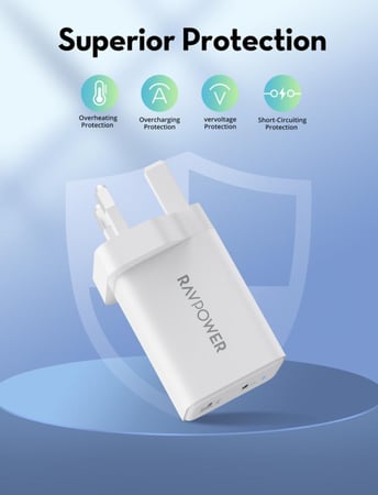 شاحن جداري راف باور بايونير 45 واط بمنفذ USB-C ومنفذ USB-A -متعدد اللون