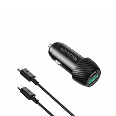 شاحن سيارة راف باور بايونير بقوة 49 واط بمنفذ تايب سي ومنفذ يو اس بي مع سلك تايب سي الى تايب سي - اسود