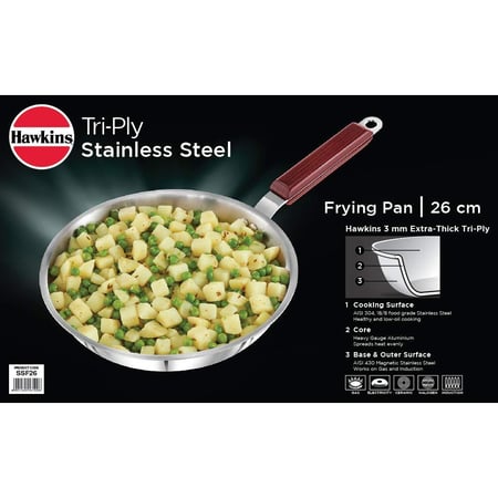 قلاة القلي هوكينز ستانلس ستيل تري-بلاي - 26 سم | متوافقة مع الغاز والطبخ الحثي | صنع في الهند (ضمان سنتين)